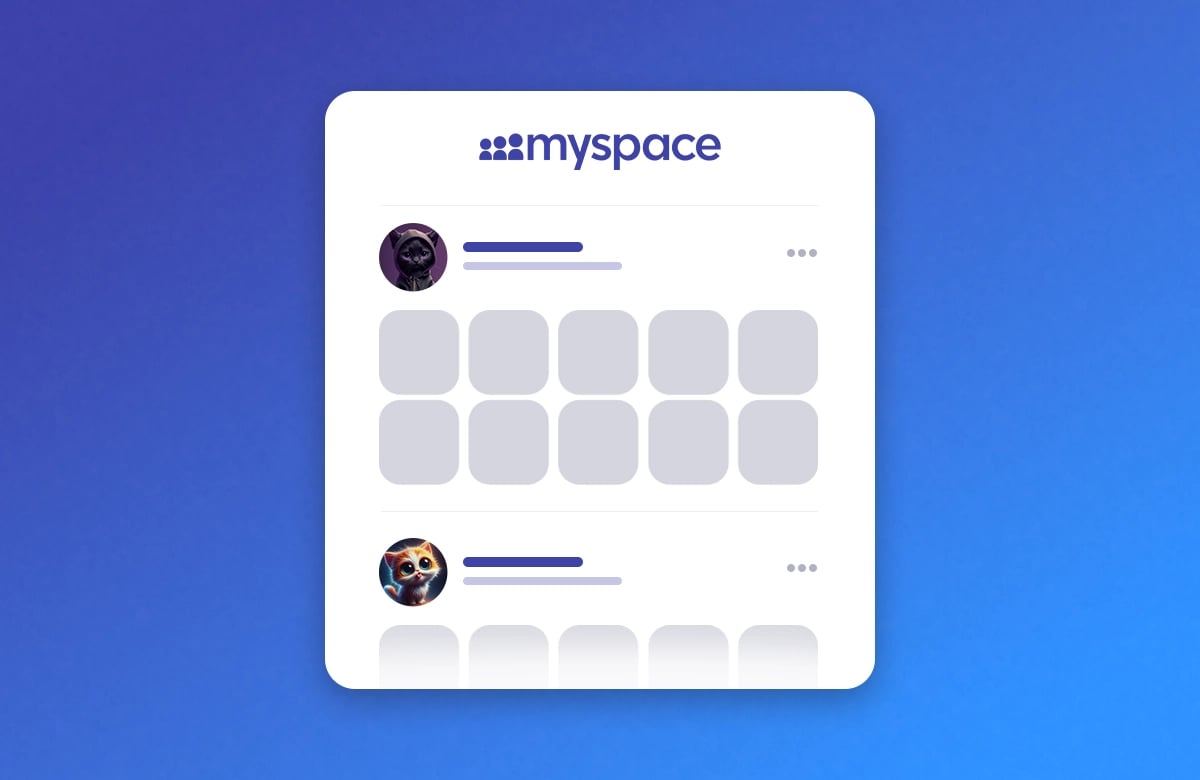 Myspace logosu ve kedi avatarlı kullanıcı gönderilerinin yer aldığı sosyal medya arayüzü.