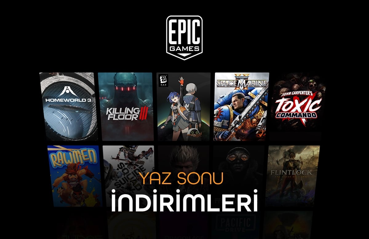 Siyah arka planda Epic Games logosu, yan yana sıralanmış çeşitli oyun kapakları ve 