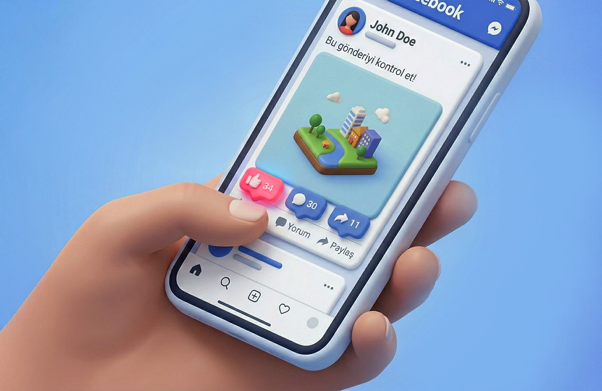 Facebook gönderisini beğenen el ve sosyal medya organik büyüme illüstrasyonu.