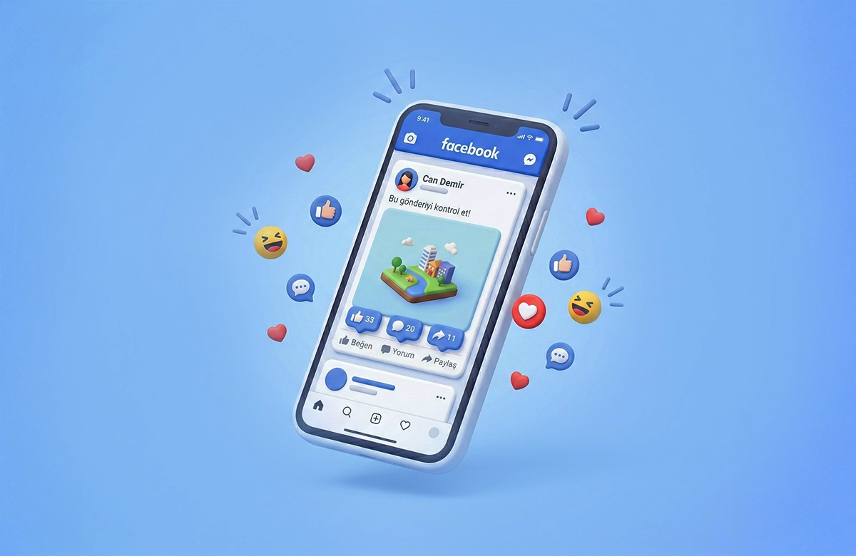 Facebook etkileşimini ve sosyal medya büyümesini temsil eden akıllı telefon illüstrasyonu.