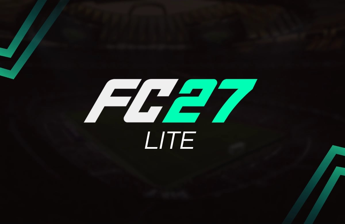 Karanlık stadyum arka planında yer alan yeşil ve beyaz renkli FC 27 LITE logosu.