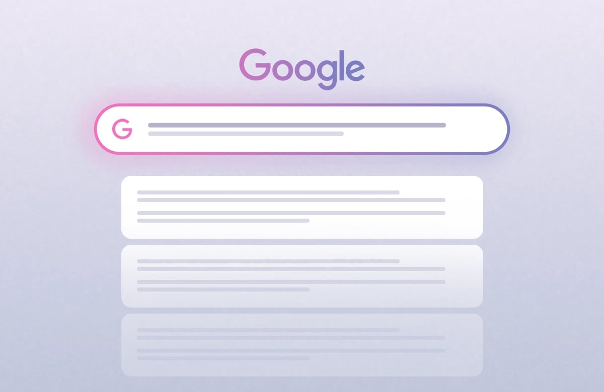 Google arayüzünde pembe-mor ışıltılı arama çubuğu ve altında sıralanmış arama sonucu kartları.