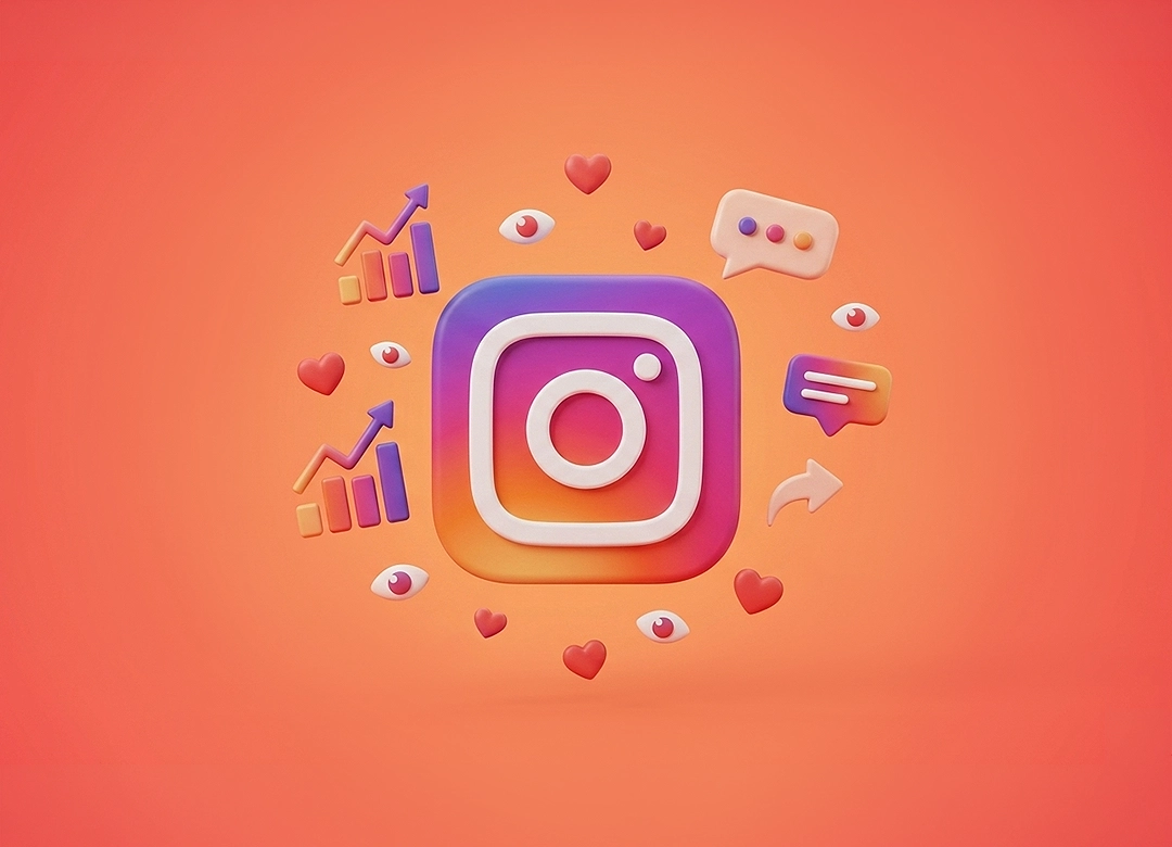 Instagram logosu ve sosyal medya etkileşim öğelerini temsil eden 3D dijital sanat çalışması.