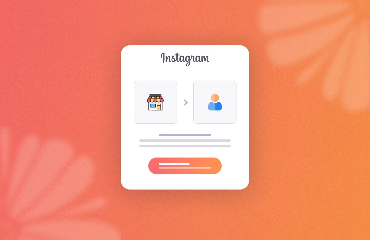 Turuncu renk geçişli arka planda Instagram logosu, dükkan simgesinden kullanıcı simgesine geçişi gösteren ok ve buton yer alan kart tasarımı.