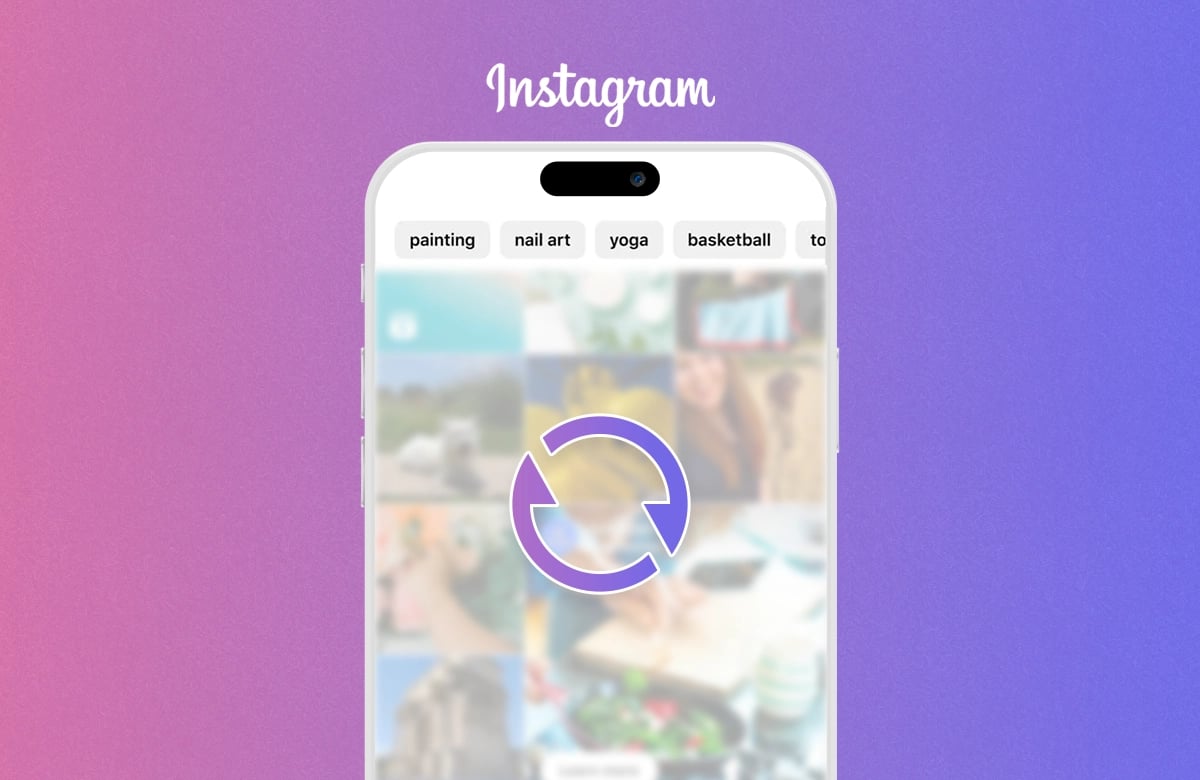 Pembe-mor renk geçişli arka planda Instagram logosu, Keşfet akışı açık akıllı telefon ve üzerinde yenileme simgesi. 