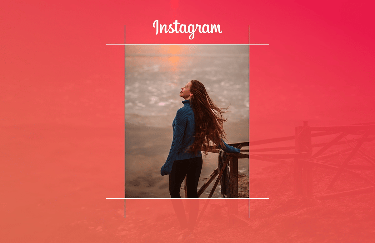Kırmızı-pembe arka planda Instagram logosu ve kırpma çizgileri içerisinde kadın fotoğrafı.