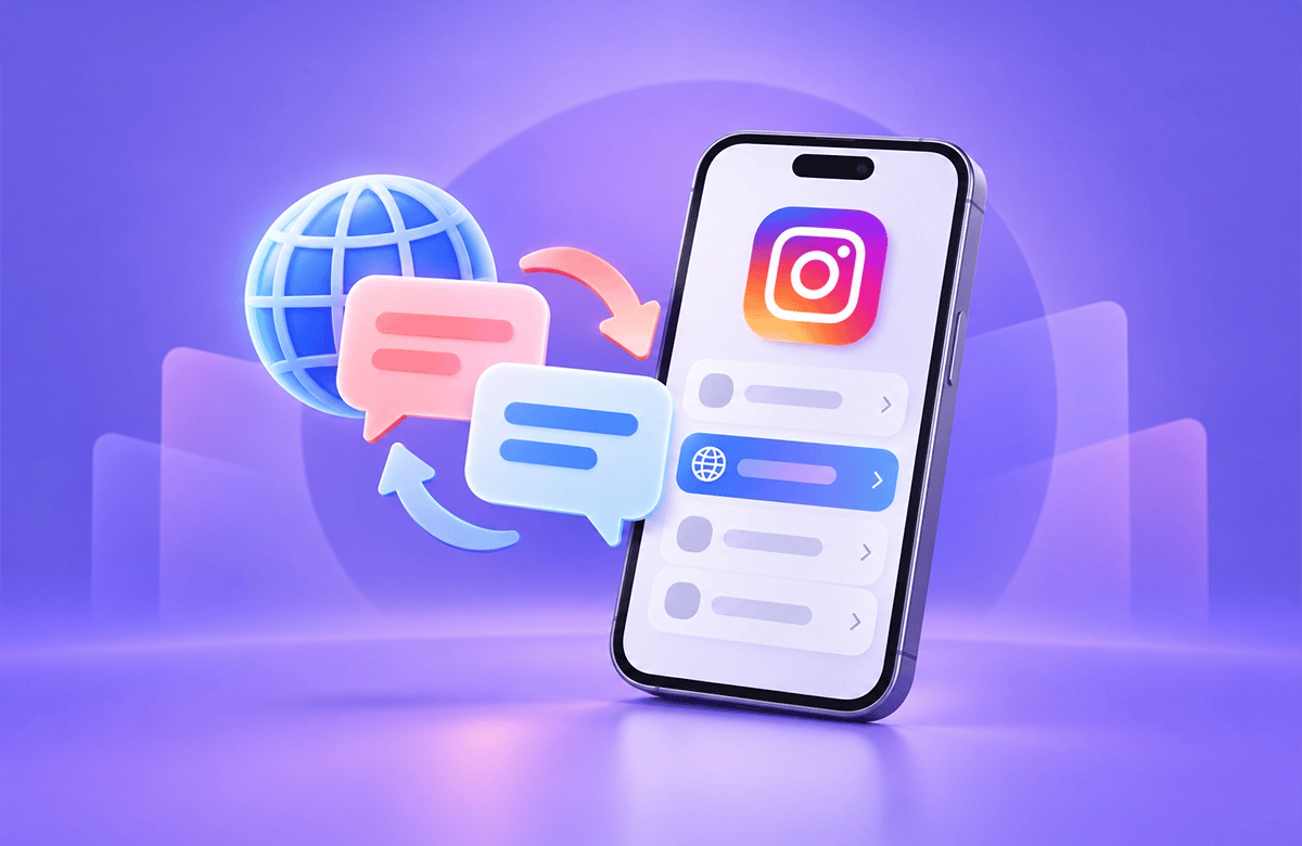 Mor arka planda Instagram logosu bulunan akıllı telefon, yanında 3D dünya simgesi, konuşma balonları ve dil değiştirme okları.