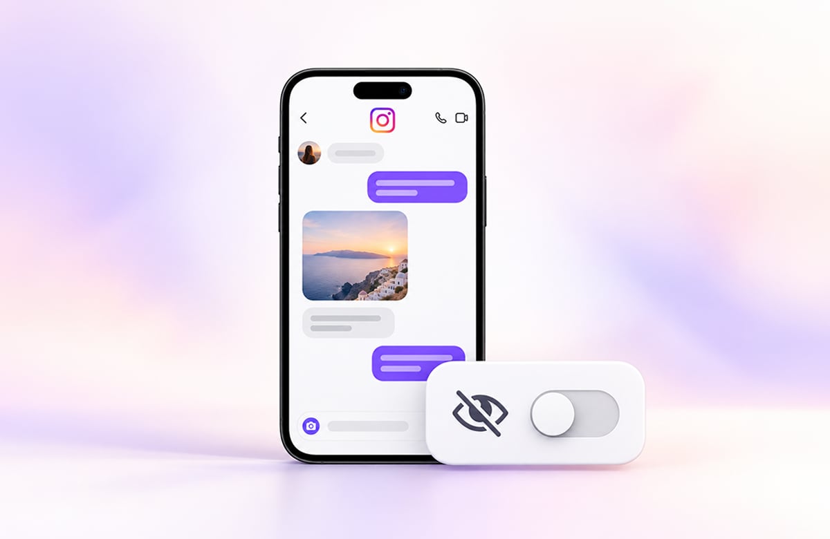 Açık mor arka planda Instagram sohbet ekranı açık akıllı telefon ve yanında üzeri çizili göz simgeli kapatma anahtarı.