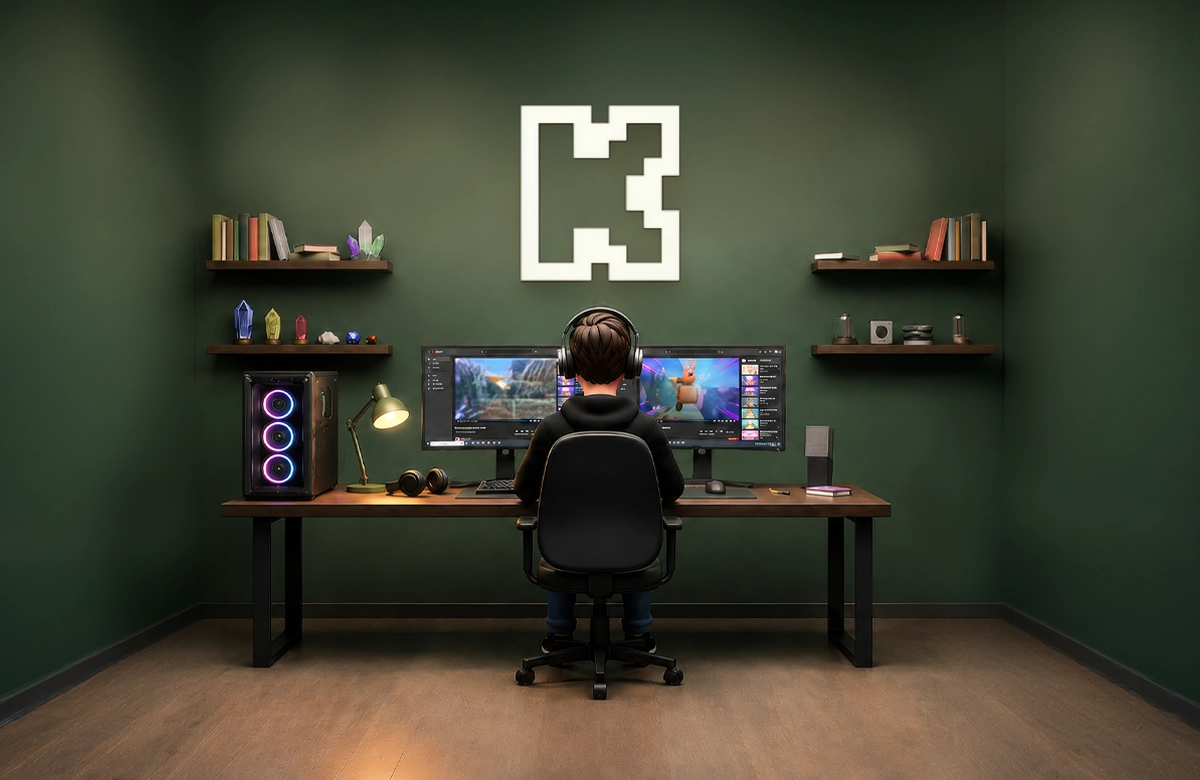 Kick logosu altında çift ekranlı bilgisayar kurulumu ve yayıncı odası konseptli 3D tasarım.