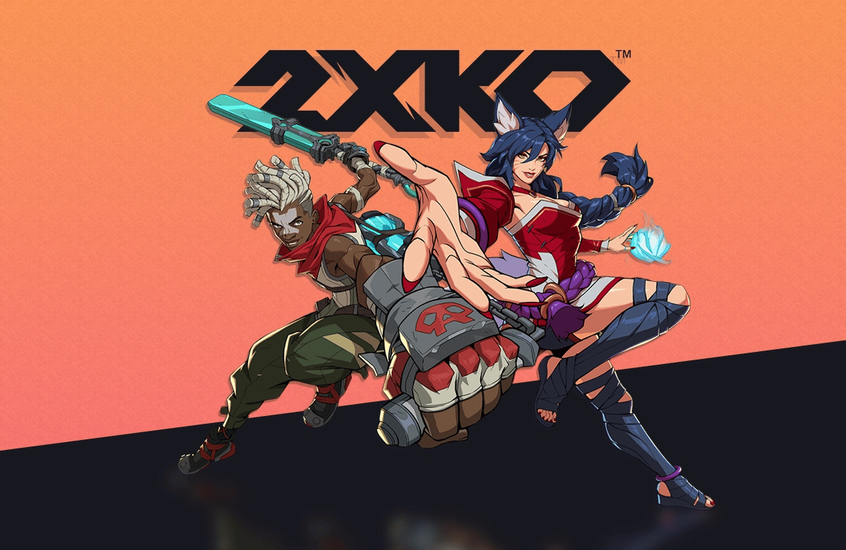 Turuncu ve siyah arka planda 2XKO logosu ile Ekko ve Ahri oyun karakterleri.