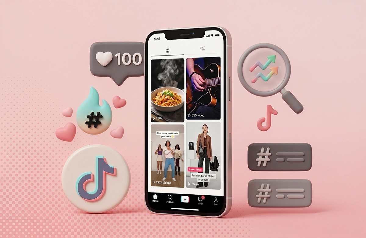 TikTok etkileşim artırma, hashtag kullanımı ve keşfet algoritması konseptli 3D grafik.