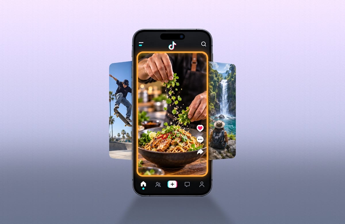 Açık mor renk geçişli arka planda TikTok akışı açık akıllı telefon, ortada öne çıkarılan yemek videosu ve yanında kayan içerik kartları.