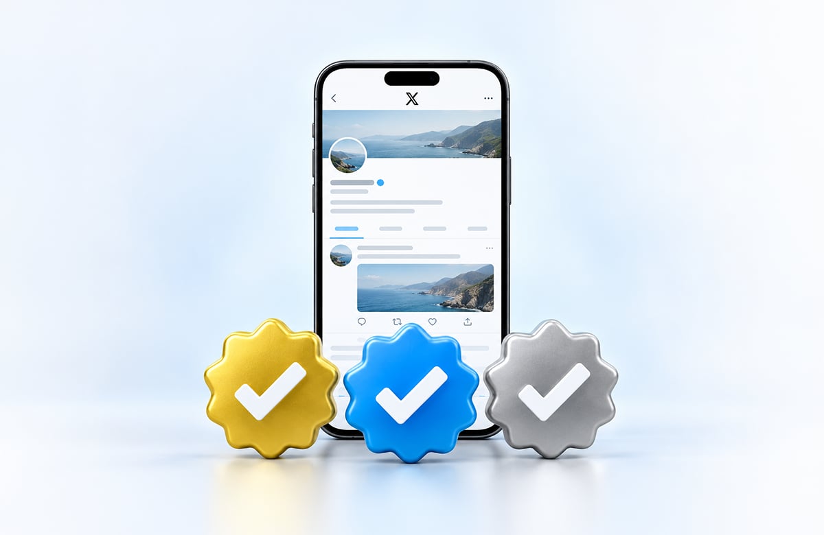 Açık mavi arka planda X (Twitter) profili açık akıllı telefon ve önünde 3D sarı, mavi ve gri onay rozetleri.