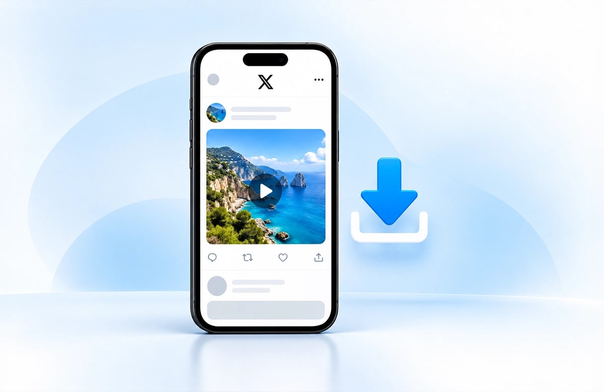 Açık mavi arka planda X (Twitter) video gönderisi açık akıllı telefon ve yanında 3D indirme simgesi.