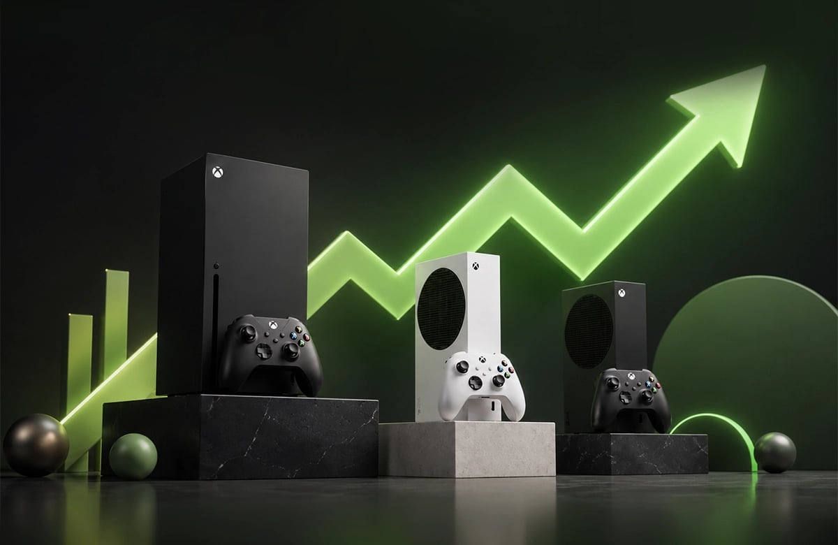 Arka planda yükselen yeşil ok simgesi önünde duran Xbox konsolları ve oyun kolları.