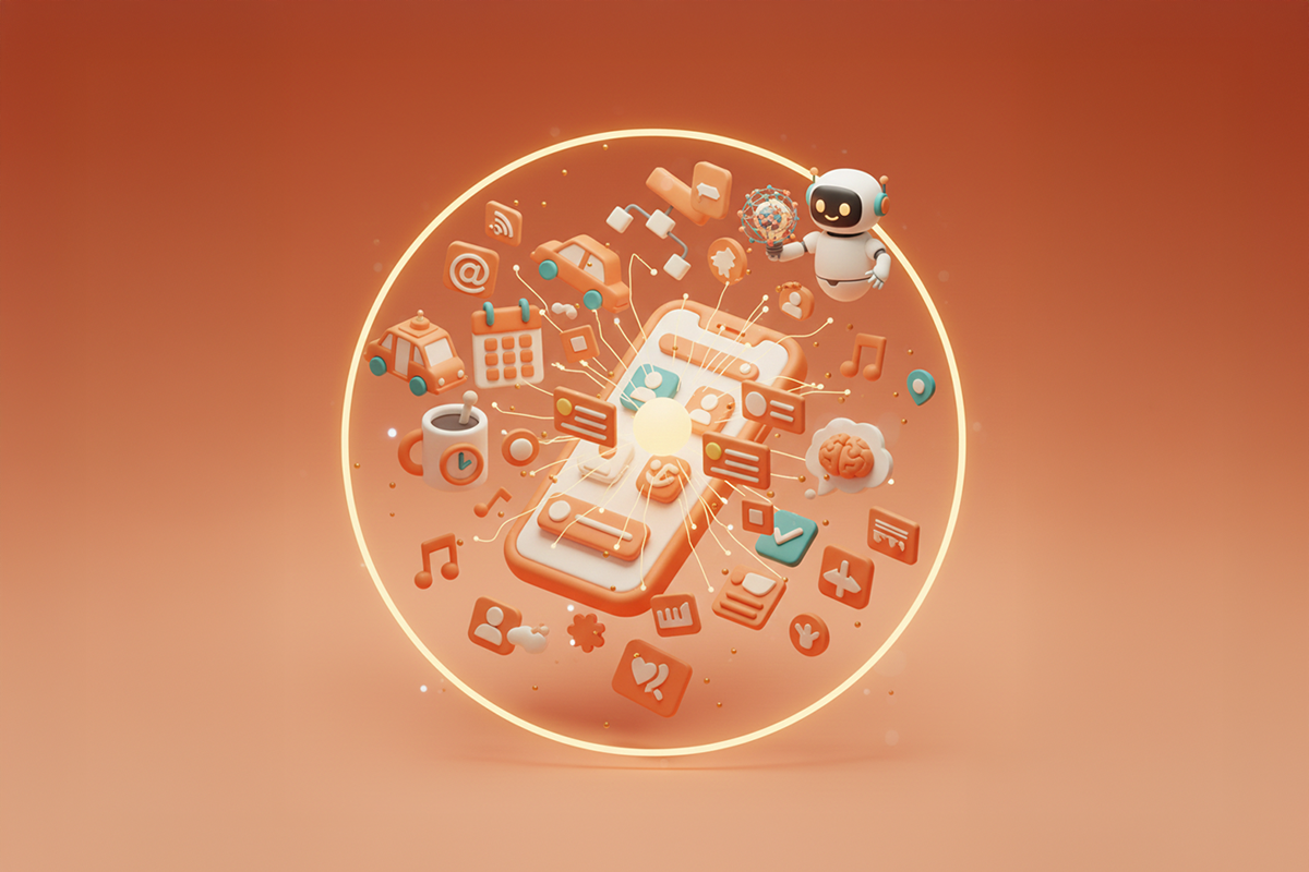 Akıllı telefon teknolojisi ve yapay zeka ekosistemini simgeleyen turuncu tonlarda 3D tasarım