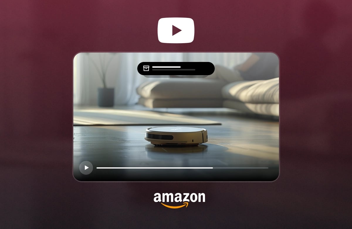 YouTube ve Amazon logoları arasında, üzerinde ürün etiketleme simgesi bulunan robot süpürge videosu oynatıcı arayüzü.
