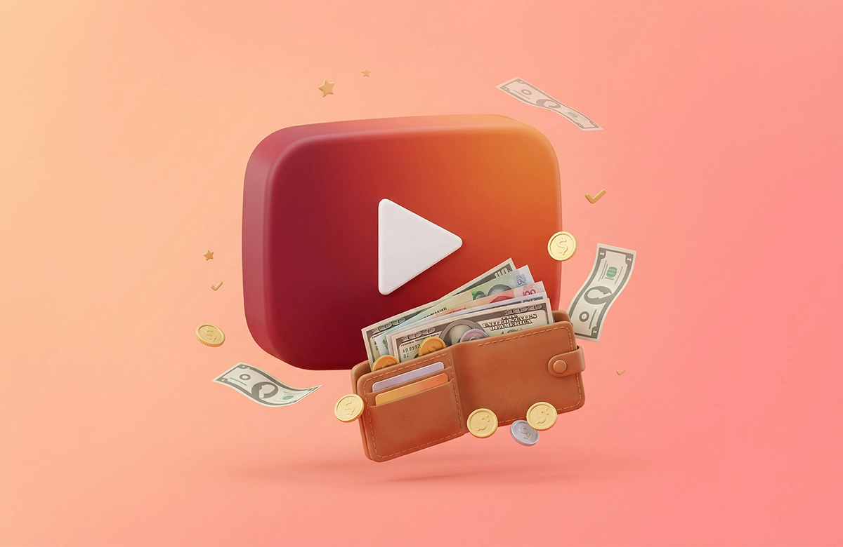 YouTube ikonlu oynat düğmesi ve para dolu cüzdan ile dijital kazanç konsepti.