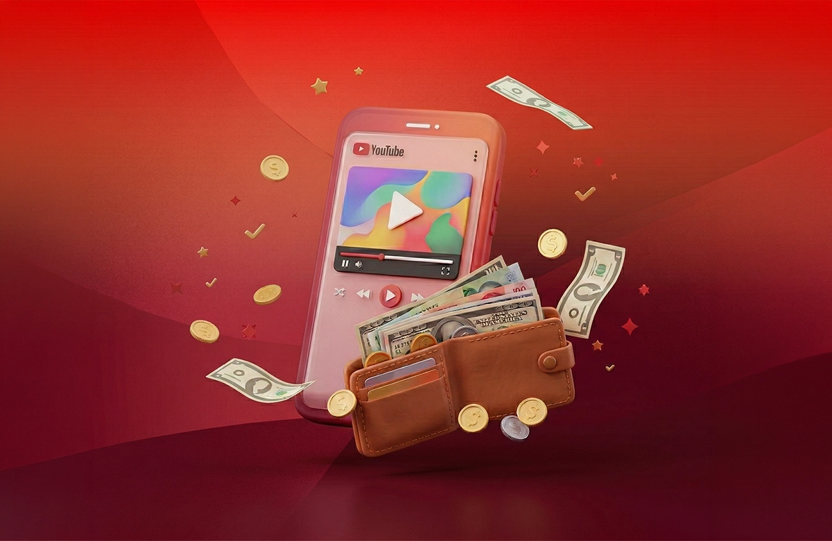 Akıllı telefon ekranında YouTube videosu ve para dolu cüzdan ile dijital kazanç konsepti.